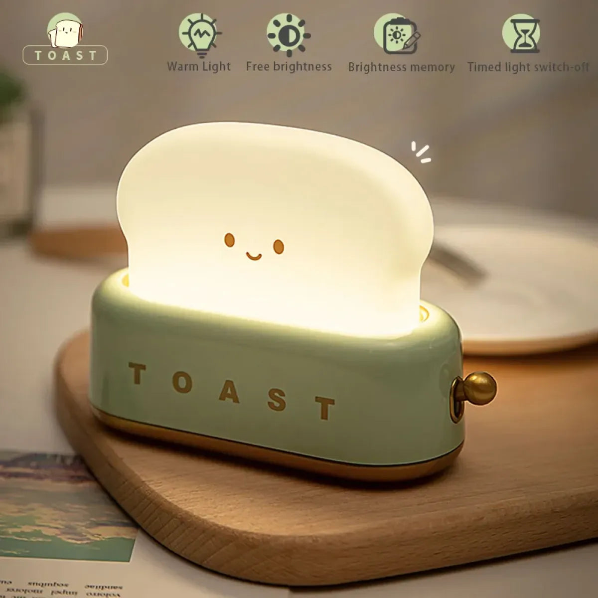 Toast LED Night Light – Kawaii Bread Lamp with Timer &amp; Adjustable Brightness