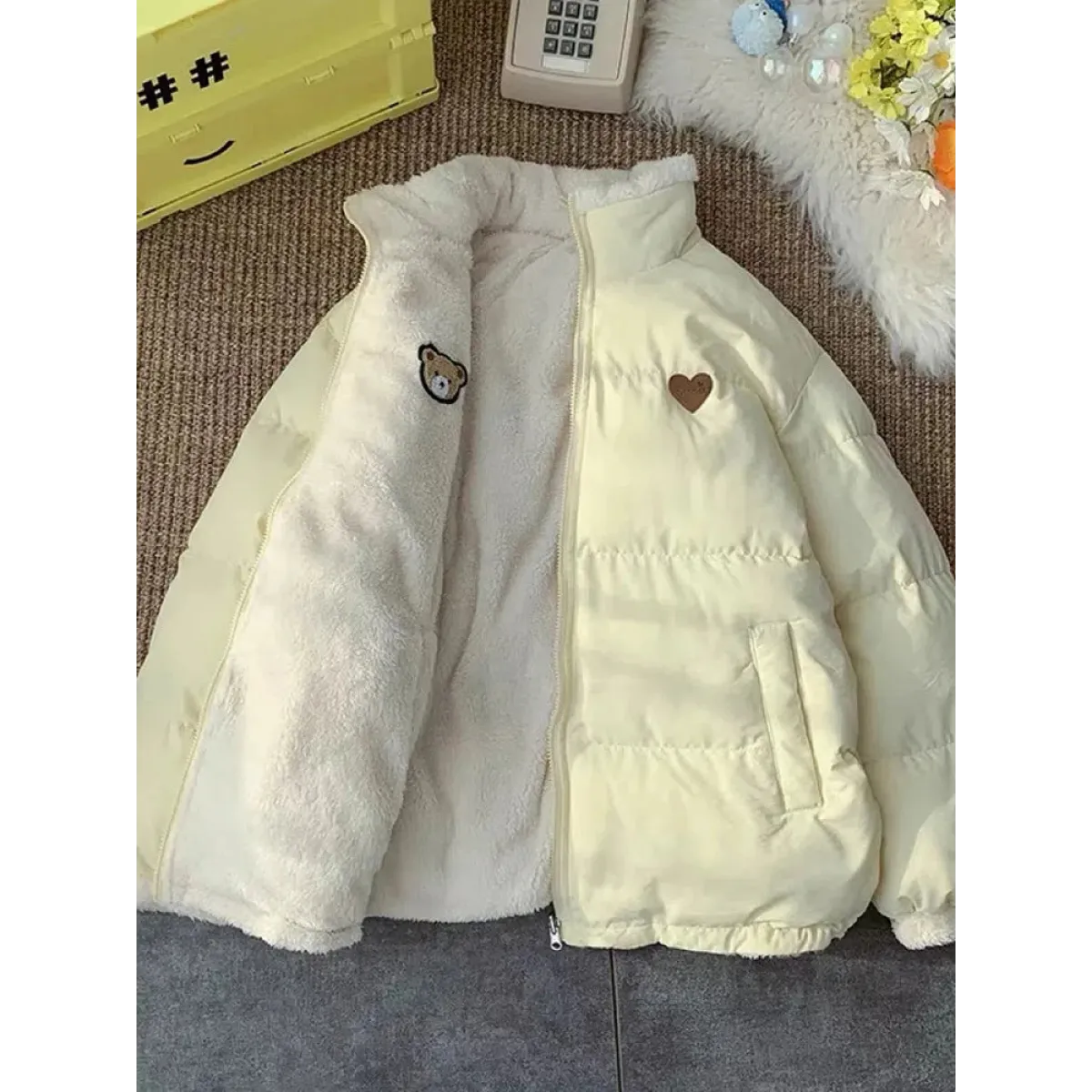 Kawaii Double Sided Love Bear Winter Puffer Jacket