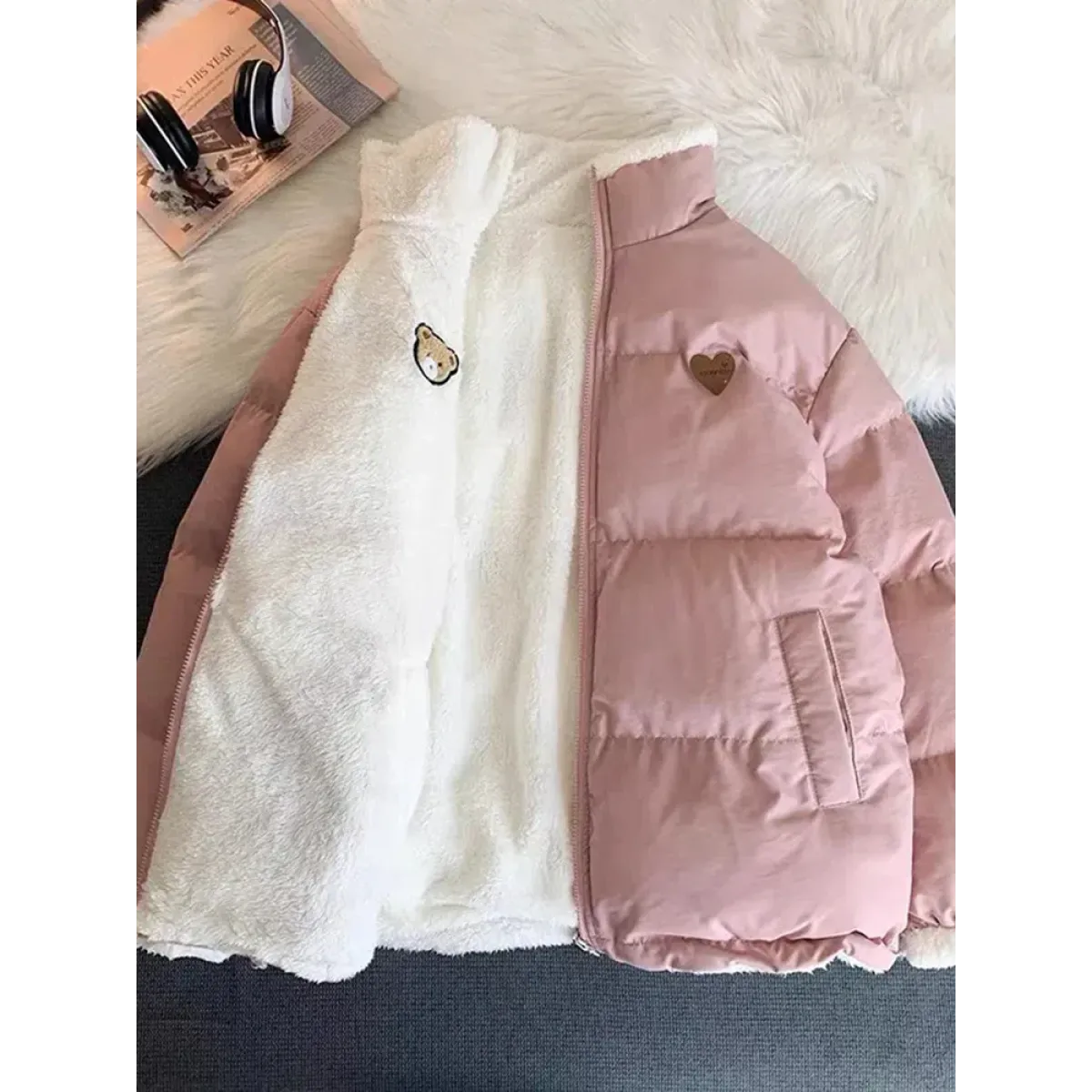 Kawaii Double Sided Love Bear Winter Puffer Jacket