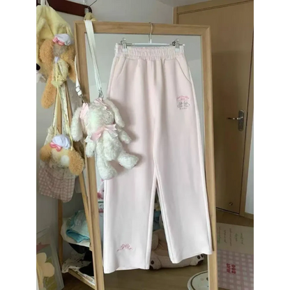 Kawaii High Waist Flare Pants – Bow Embroidery Slim Fit Trousers