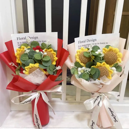 Kawaii Knitted Sunflower &amp; Rose Bouquet – Crochet Gift for Birthday or Graduation