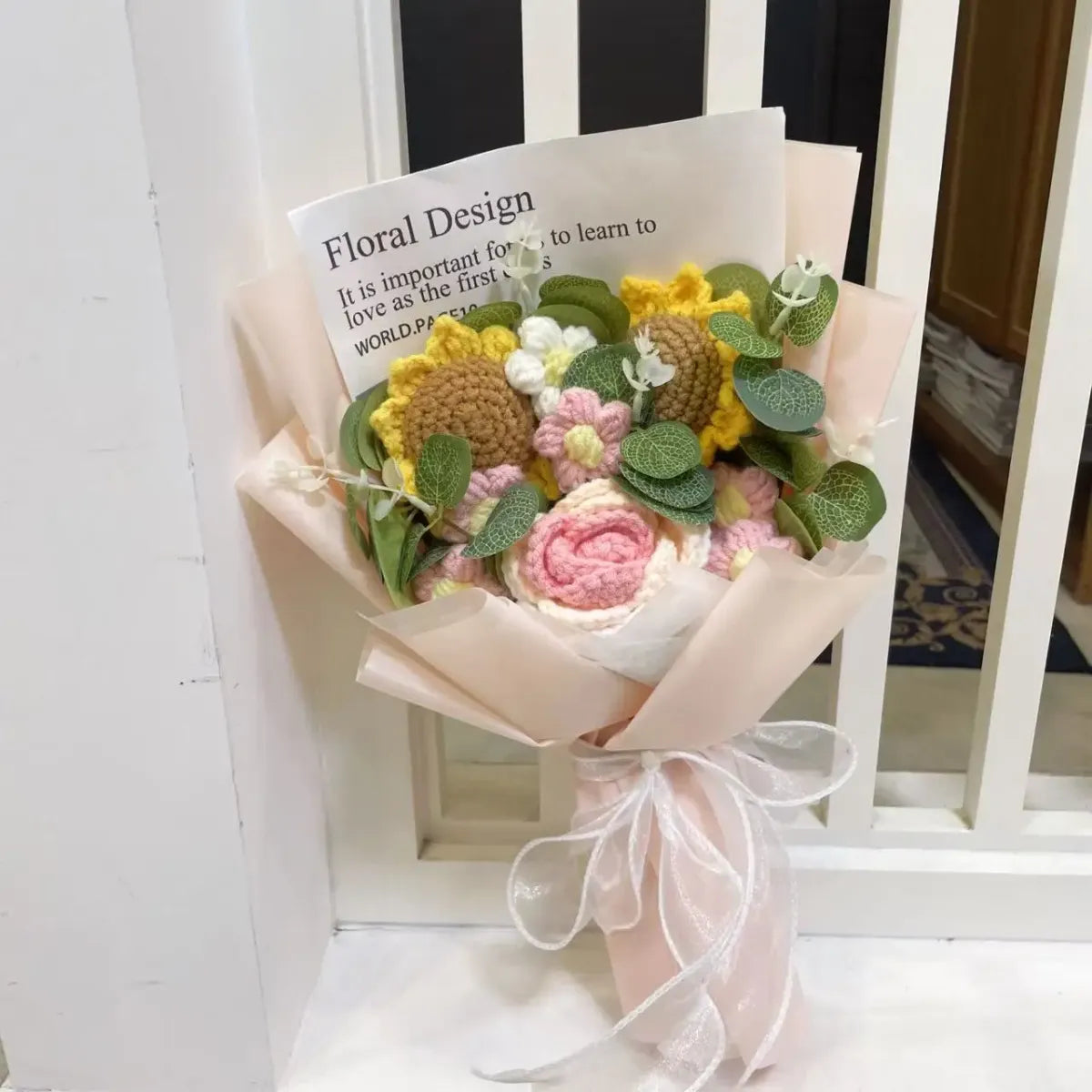 Kawaii Knitted Sunflower &amp; Rose Bouquet – Crochet Gift for Birthday or Graduation