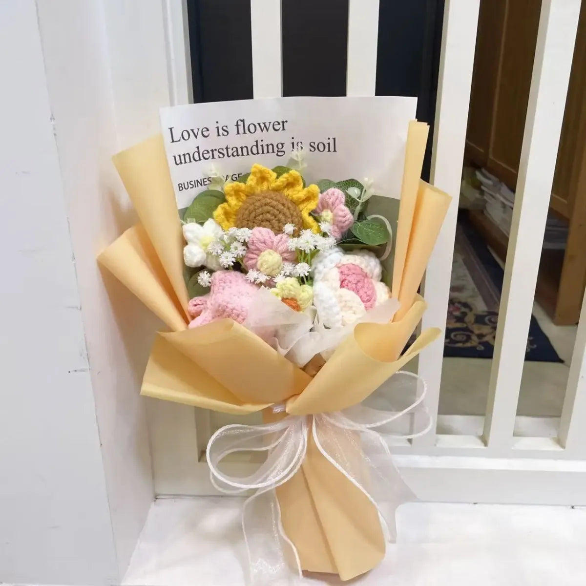 Kawaii Knitted Sunflower &amp; Rose Bouquet – Crochet Gift for Birthday or Graduation