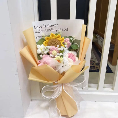 Kawaii Knitted Sunflower &amp; Rose Bouquet – Crochet Gift for Birthday or Graduation