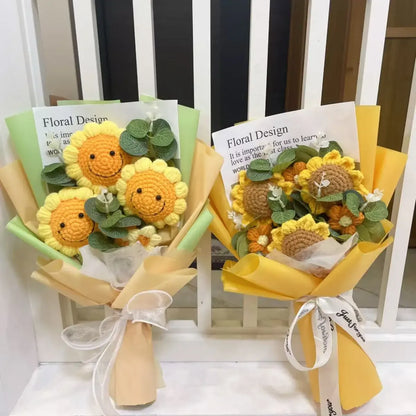 Kawaii Knitted Sunflower &amp; Rose Bouquet – Crochet Gift for Birthday or Graduation