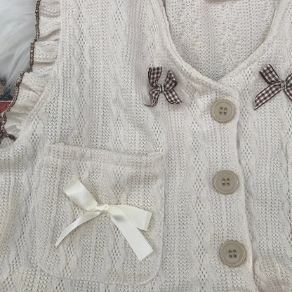 Kawaii Lolita Ruffle Knit Sweater Vest - Japanese Bow Cardigan