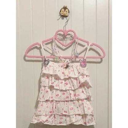 White Kawaii Ruffle Camisole – Bunny Embroidery &amp; Bow Print