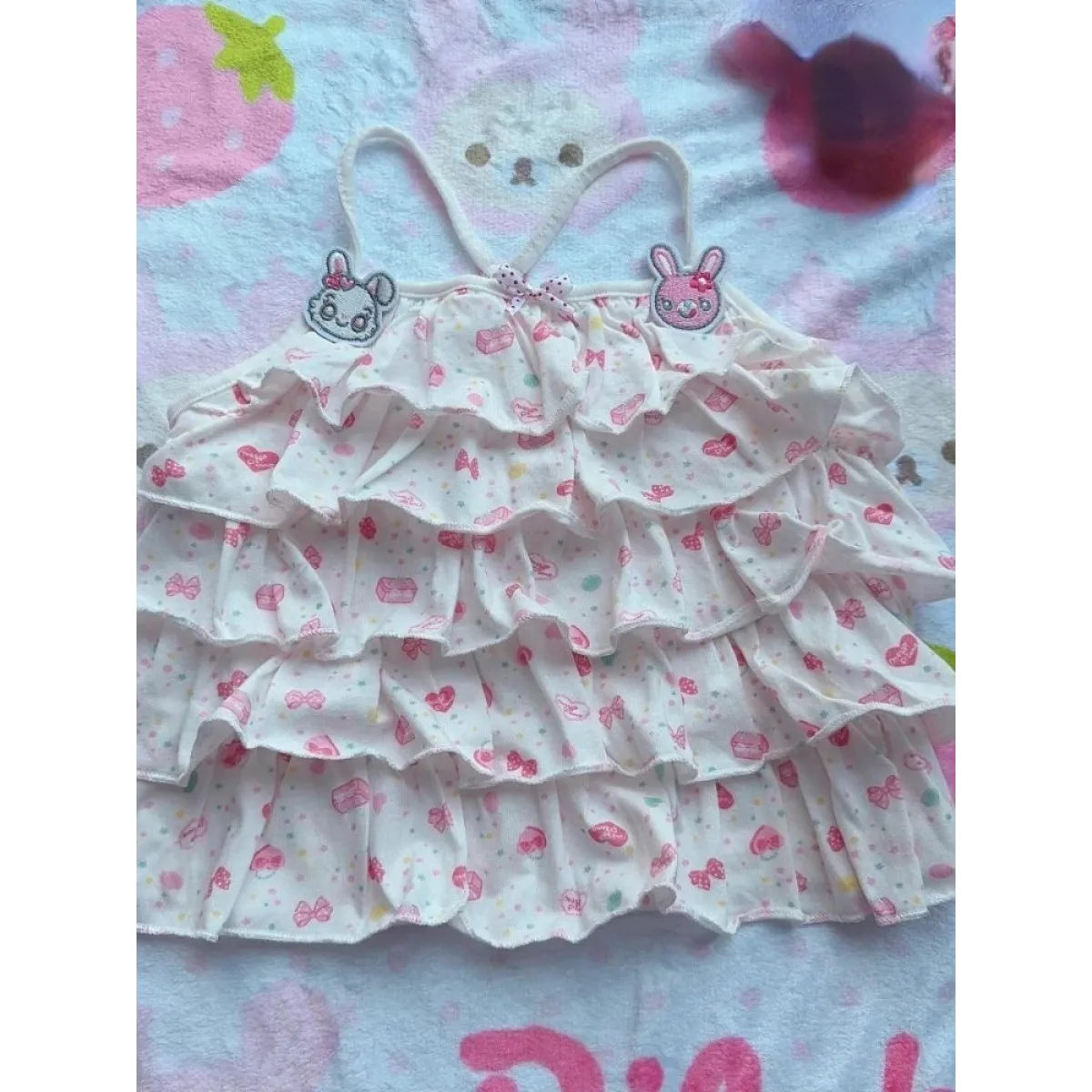 White Kawaii Ruffle Camisole – Bunny Embroidery &amp; Bow Print