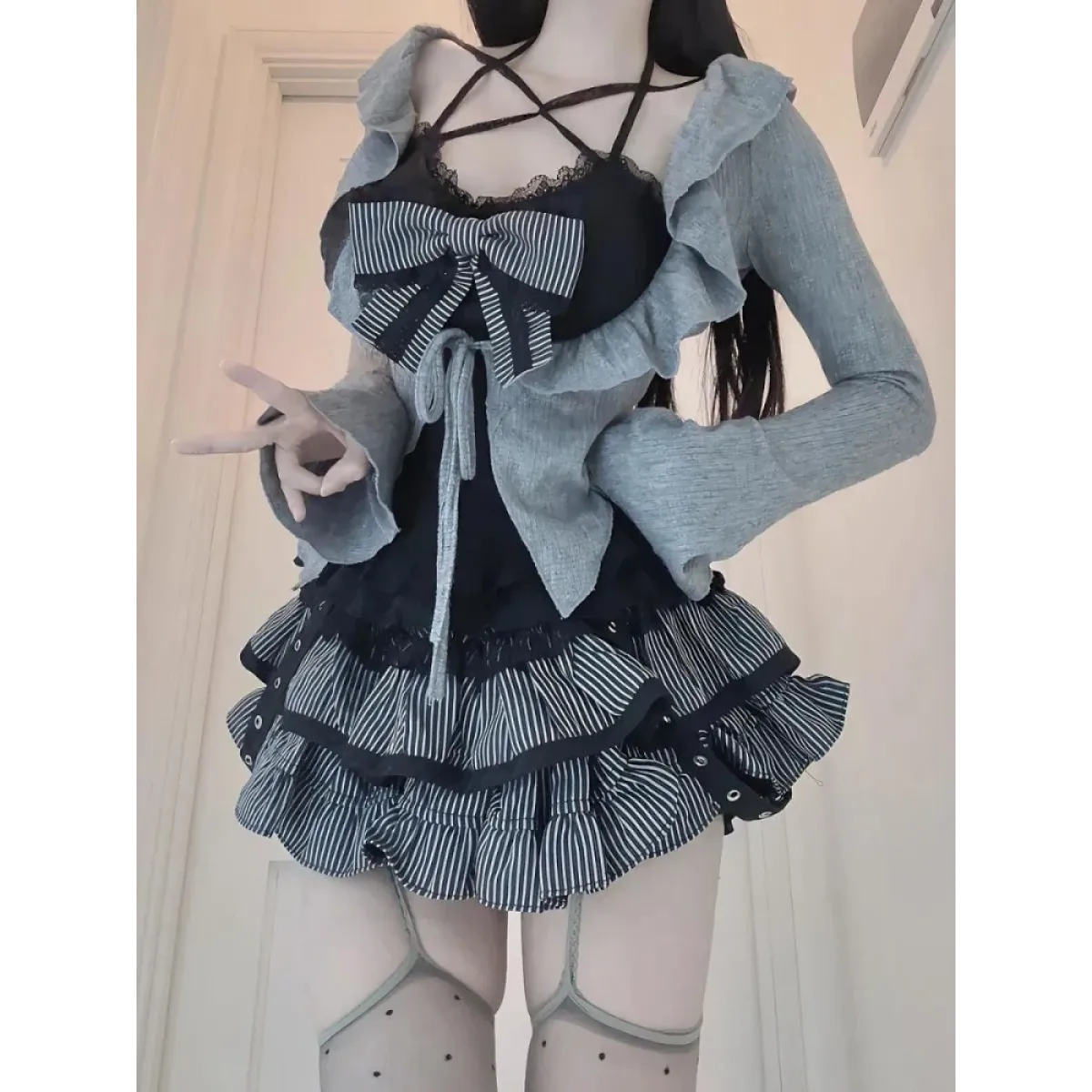 Ruffle Cardigan &amp; Striped Skirt Set – Kawaii Y2K Lolita Chic