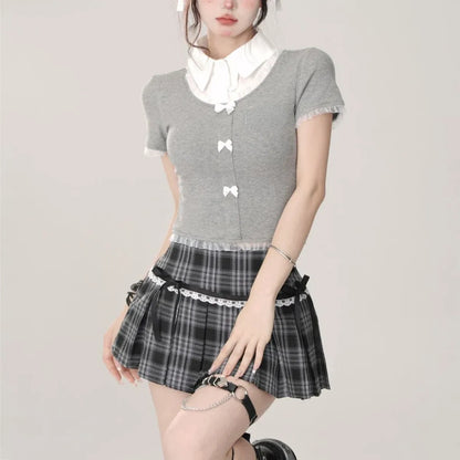 Kawaii Y2K Pleated Mini Skirt – Japanese Bow Lace Plaid Chic