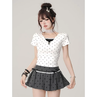 Kawaii Y2K Pleated Mini Skirt – Japanese Bow Lace Plaid Chic