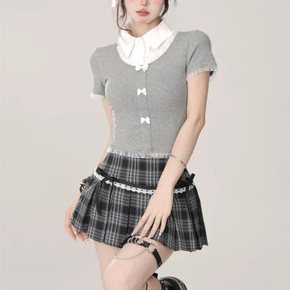 Kawaii Y2K Pleated Mini Skirt – Japanese Bow Lace Plaid Chic