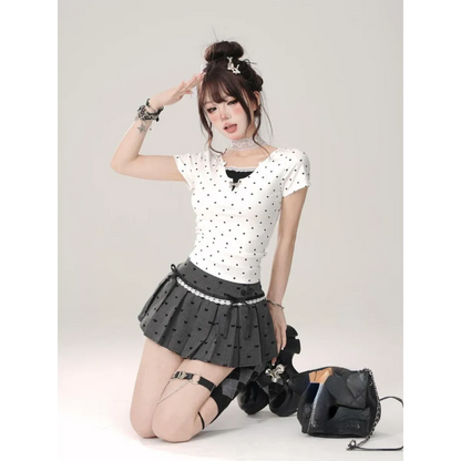 Kawaii Y2K Pleated Mini Skirt – Japanese Bow Lace Plaid Chic