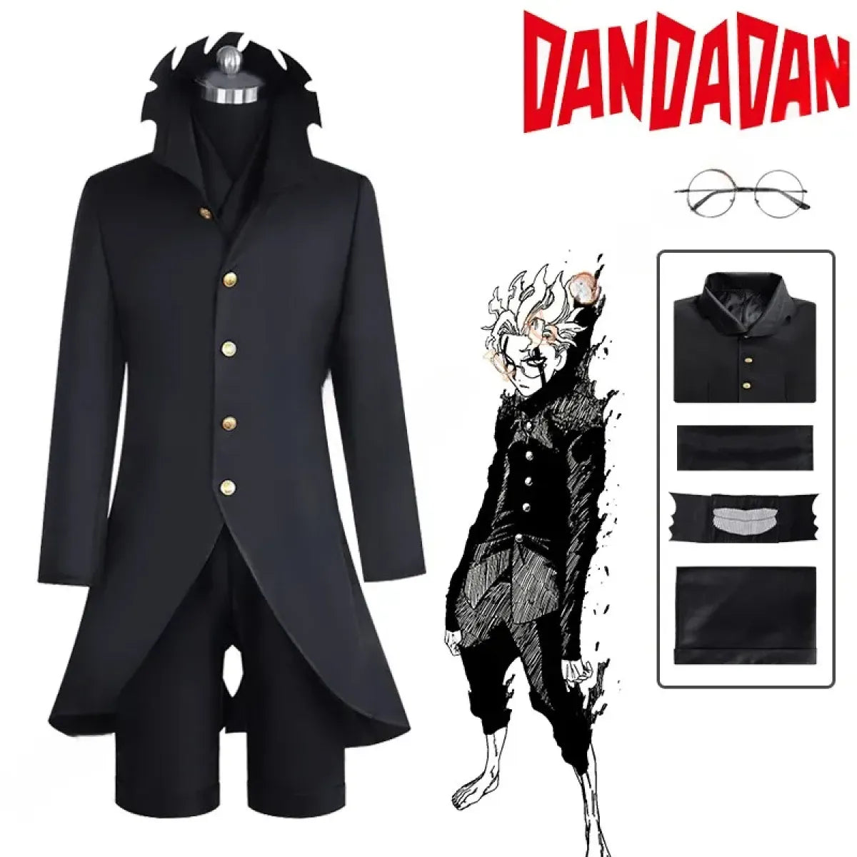 Dandadan Ken Takakura Okarun Cosplay – Black Uniform with Wig &amp; Glasses