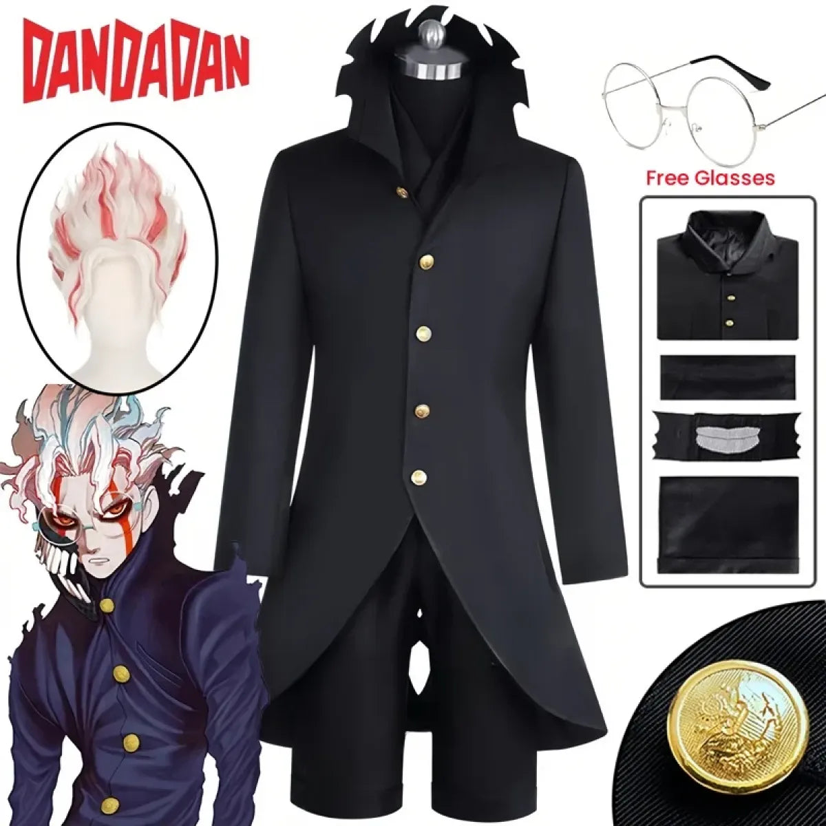 Dandadan Ken Takakura Okarun Cosplay – Black Uniform with Wig &amp; Glasses