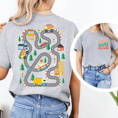 Kids Play Car Race On Mom’s Back Tee
