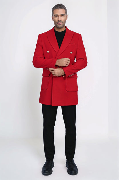 Metal Buttoned Double Breasted Burgundy Men Coat - Wessi