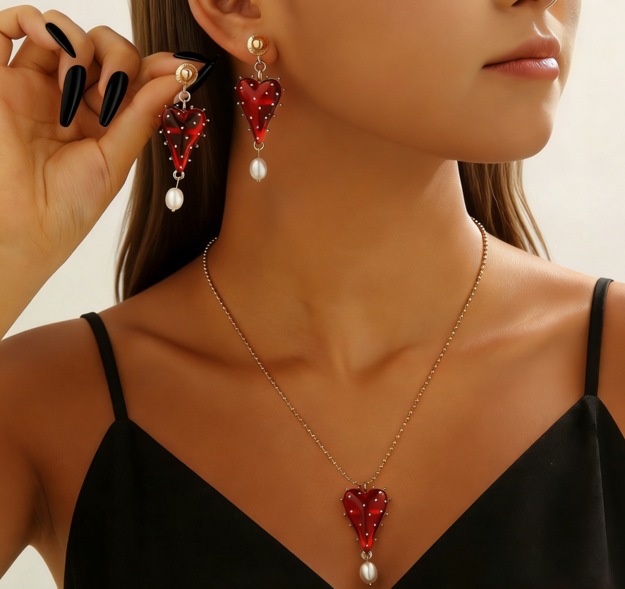 Palace Sheer Tassel Heart &amp; Strawberry Earring Set