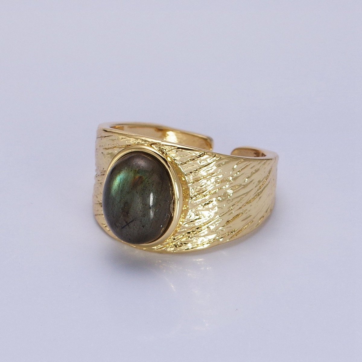 Labradorite, Moonstone Natural Gemstone Oval Line-Textured Gold Band Ring | O-1862~O-1863