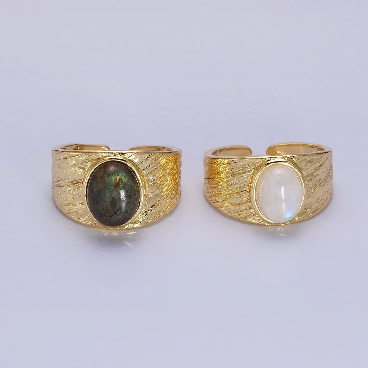 Labradorite, Moonstone Natural Gemstone Oval Line-Textured Gold Band Ring | O-1862~O-1863