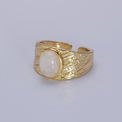Labradorite, Moonstone Natural Gemstone Oval Line-Textured Gold Band Ring | O-1862~O-1863