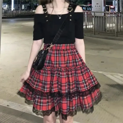 Lace Gothic Y2K Mini Skirt - High Waist Plaid A-line Red Skirt