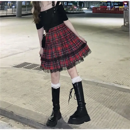 Lace Gothic Y2K Mini Skirt - High Waist Plaid A-line Red Skirt