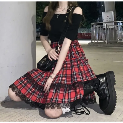 Lace Gothic Y2K Mini Skirt - High Waist Plaid A-line Red Skirt
