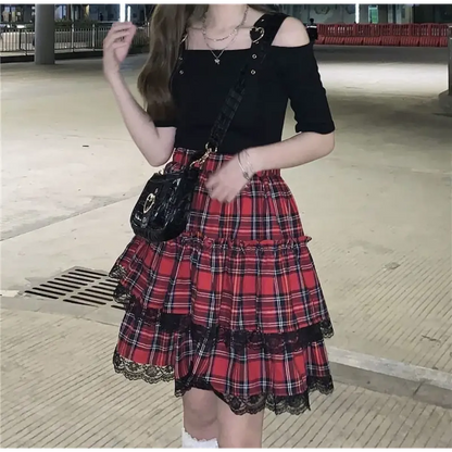 Lace Gothic Y2K Mini Skirt - High Waist Plaid A-line Red Skirt