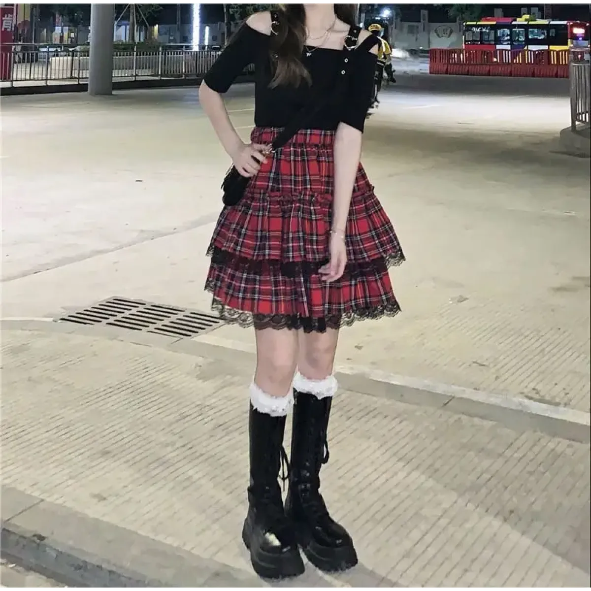 Lace Gothic Y2K Mini Skirt - High Waist Plaid A-line Red Skirt