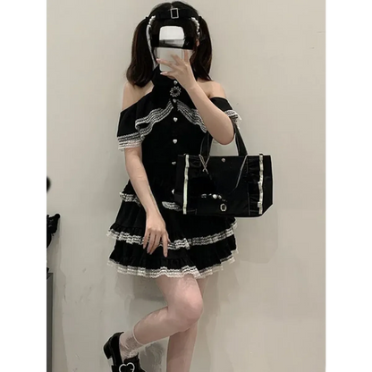 Lace Mini Cake Lolita Skirt – High Waist Ruffle Bow Detail