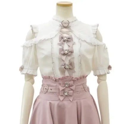 Kawaii Lace Patchwork Blouse – Y2K Off Shoulder Bow JK Shirt