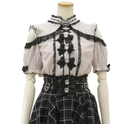 Kawaii Lace Patchwork Blouse – Y2K Off Shoulder Bow JK Shirt