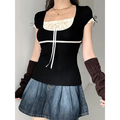 Lace Trim Crop Top: Sweet Square Neck Harajuku Tee