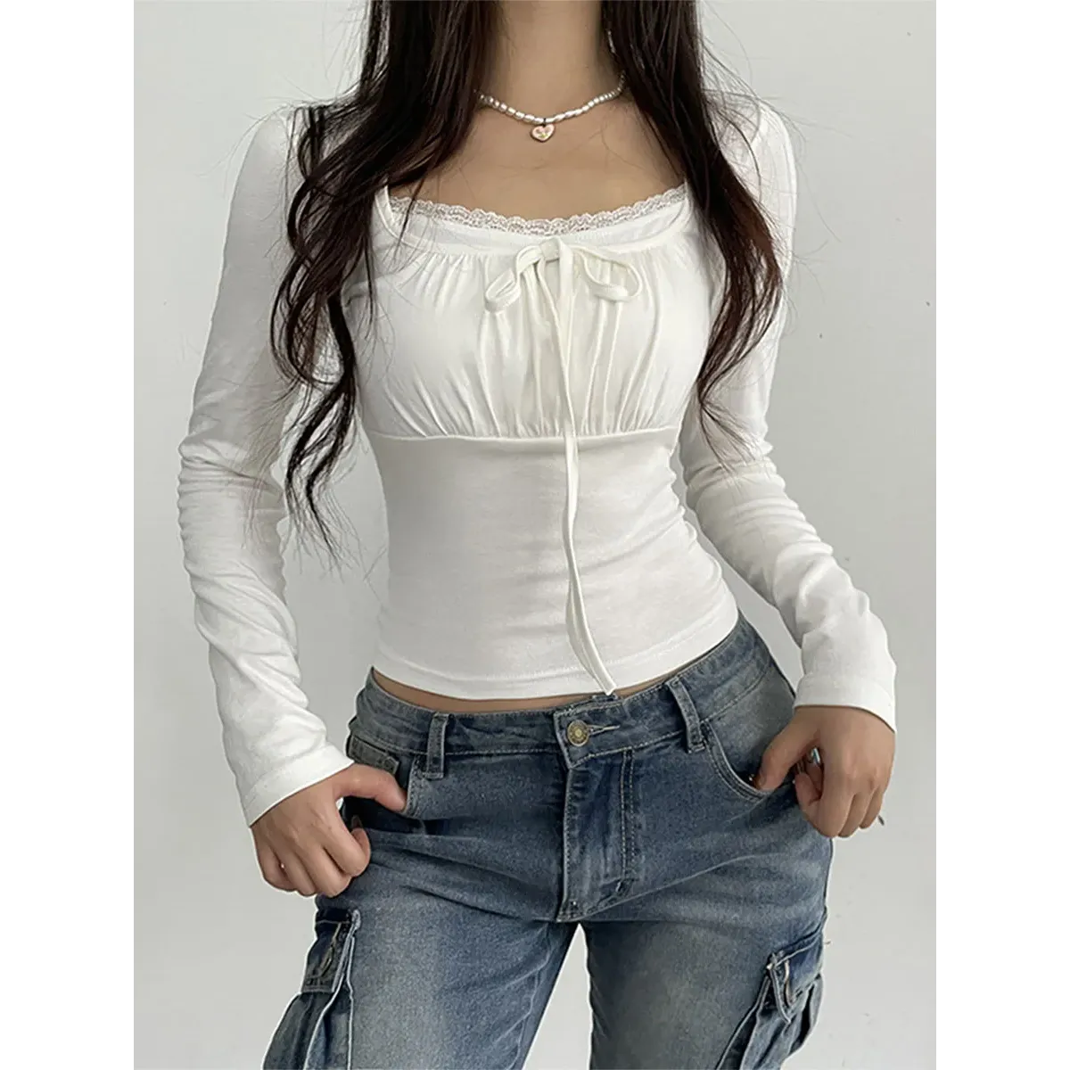 Lace Trim Long Sleeve Top - Ruched Tie-Up T-Shirt
