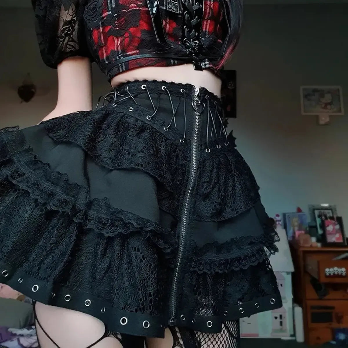 Gothic Lace-Up Corset Skirt – Kawaii Harajuku Punk Ruffle Mini Skirt