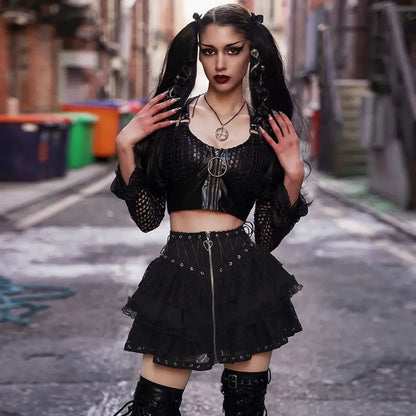 Gothic Lace-Up Corset Skirt – Kawaii Harajuku Punk Ruffle Mini Skirt
