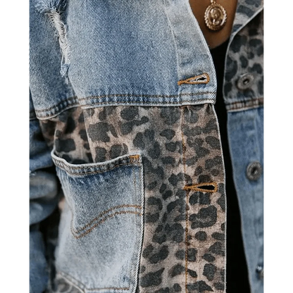Lavish Style Winter Long-sleeved Jacket Denim Trendy Leopard Print Stitching Lapel Short Jacket For Women And Girls