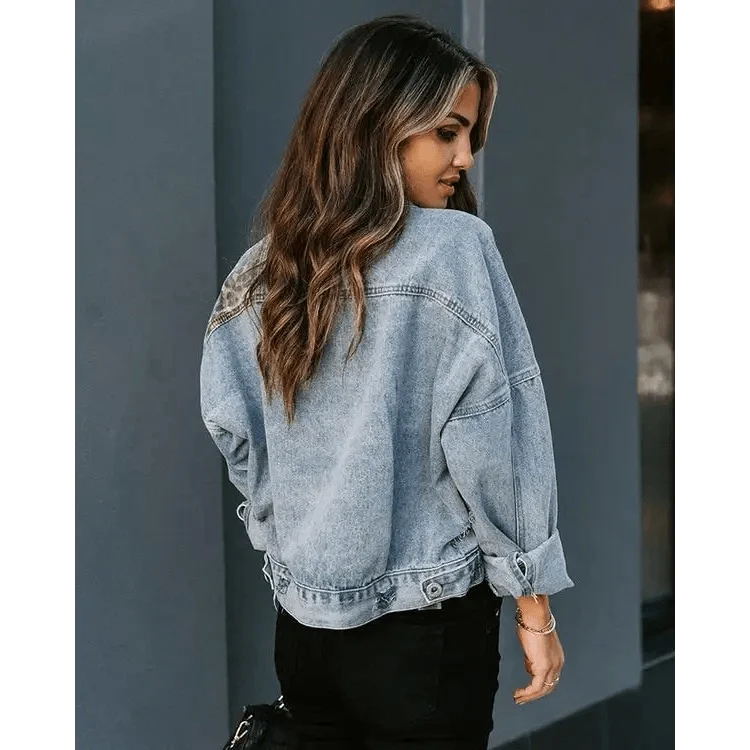 Lavish Style Winter Long-sleeved Jacket Denim Trendy Leopard Print Stitching Lapel Short Jacket For Women And Girls