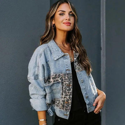 Lavish Style Winter Long-sleeved Jacket Denim Trendy Leopard Print Stitching Lapel Short Jacket For Women And Girls