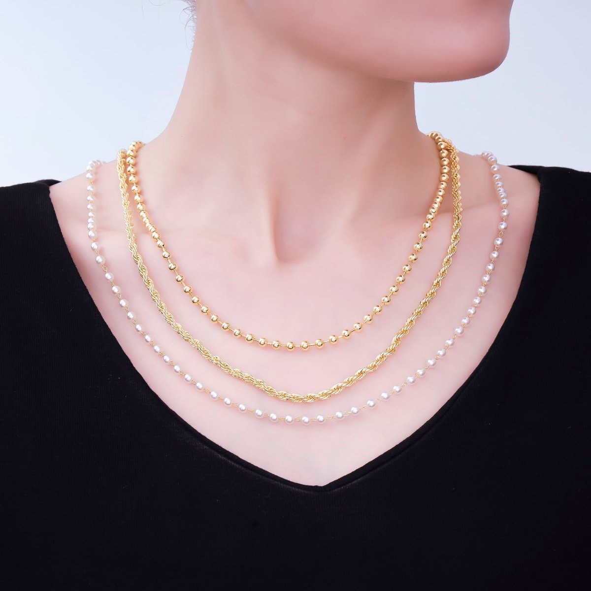 Layer Gold &amp; Pearl Beaded Chain Necklace 24K Gold Filled Rope Chain Mixed Chain Style WA-2858