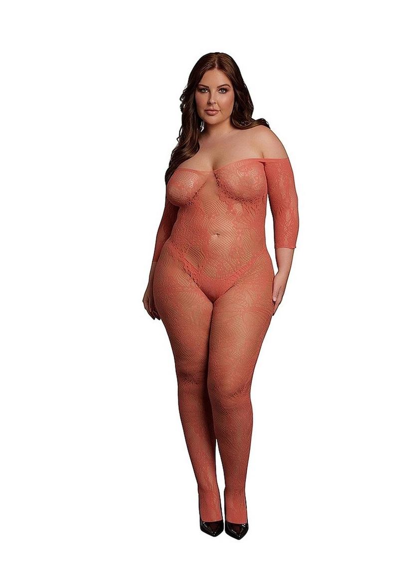 Le Désir Sunset Glow Orange Lace Long-Sleeved Bodystocking
