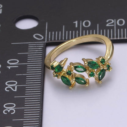 Leaf Green Gold Emerald Style Ring with Cubic Zirconia Nature Ring Dainty Green CZ Adjustable Ring U-028 S-503