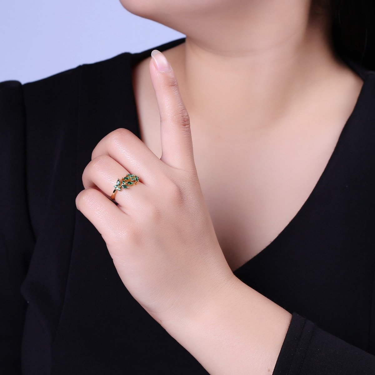 Leaf Green Gold Emerald Style Ring with Cubic Zirconia Nature Ring Dainty Green CZ Adjustable Ring U-028 S-503