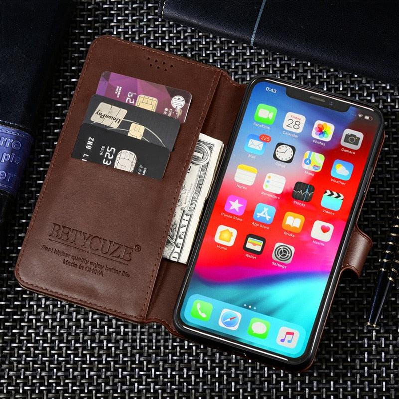 Leather Black Flip Case for iPhone XS Max X XR 12 Mini 11 Pro 7 8 Wallet Stand Cover Flip Wallet Leather Case with Secure Buckle Closing Lock and Bracket Function