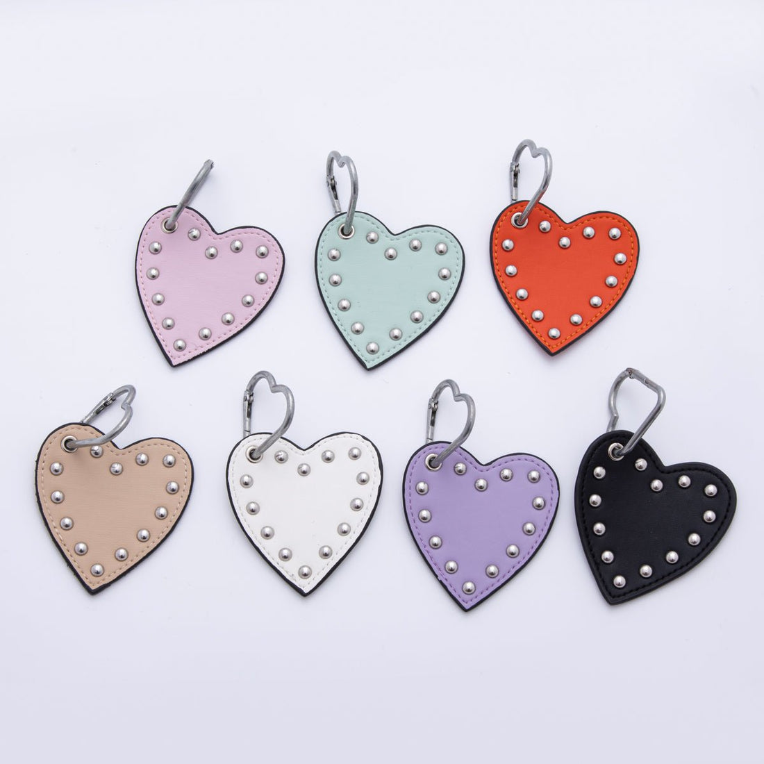 White, Black, Purple, Orange, Brown, Pink, Green Heart Stud Leather Bag Charm Keychain Accessories | WB-00088 ~ WB-00094