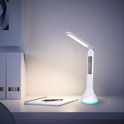 LED Desk Lamp Foldable Dimmable Touch Rechargeable Table Lamp with Calendar Temperature Alarm Clock Decorative Table Lamp Cute Study Lamps for Bedroom Décor