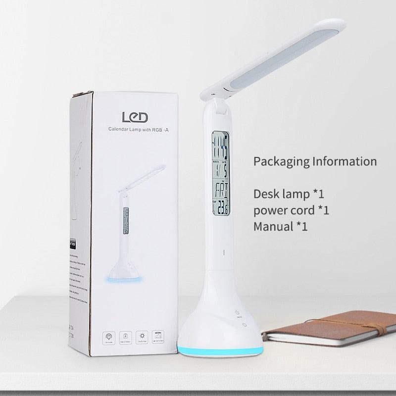 LED Desk Lamp Foldable Dimmable Touch Rechargeable Table Lamp with Calendar Temperature Alarm Clock Decorative Table Lamp Cute Study Lamps for Bedroom Décor