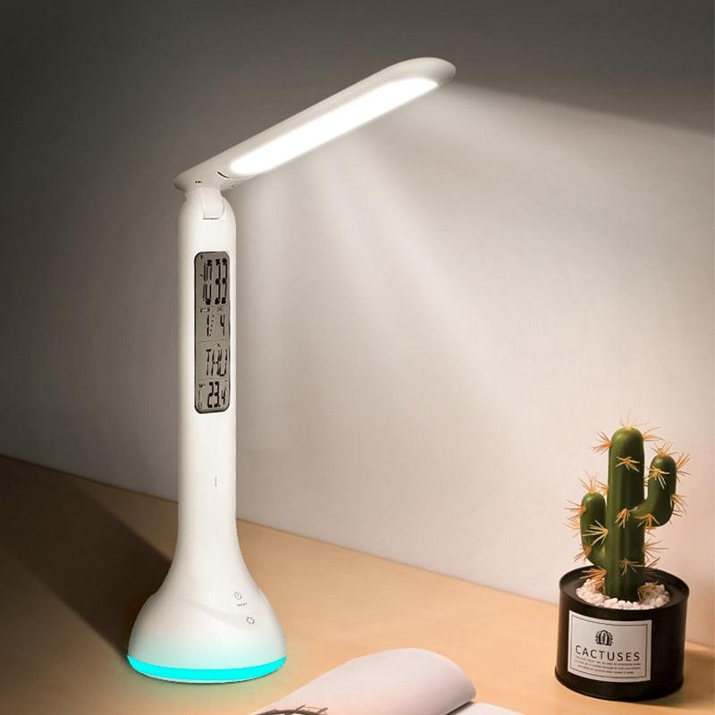 LED Desk Lamp Foldable Dimmable Touch Rechargeable Table Lamp with Calendar Temperature Alarm Clock Decorative Table Lamp Cute Study Lamps for Bedroom Décor