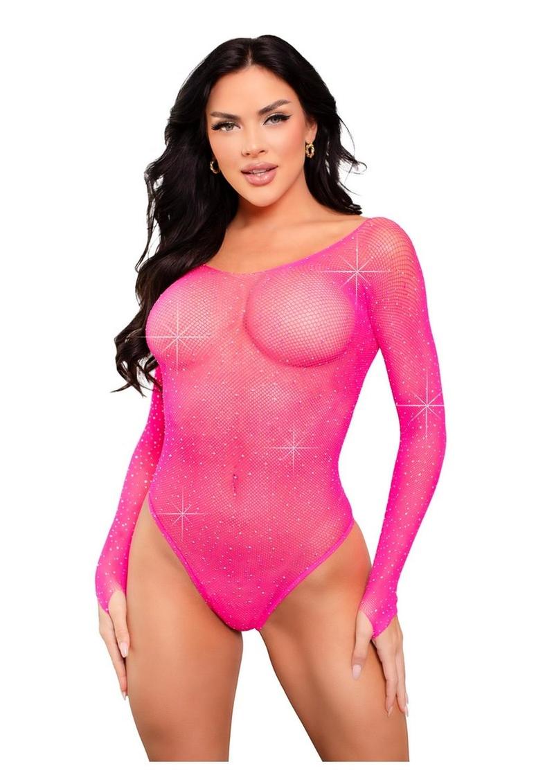Leg Avenue Crystalized Long Sleeve Fishnet Thong Back Bodysuit